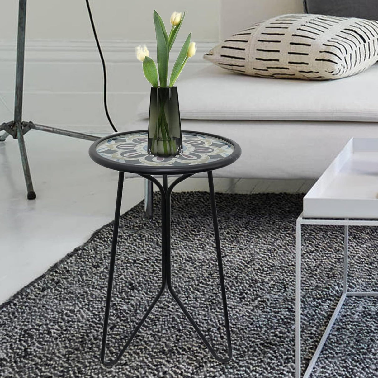 LIFFY Outdoor Side Table,12" Indoor Outdoor Round Glass Tabletop Accent Table with Metal Frame, Decorative Plant Stand & End Table for Patio, Garden, Yard, Kitchen, Porch LIFFY