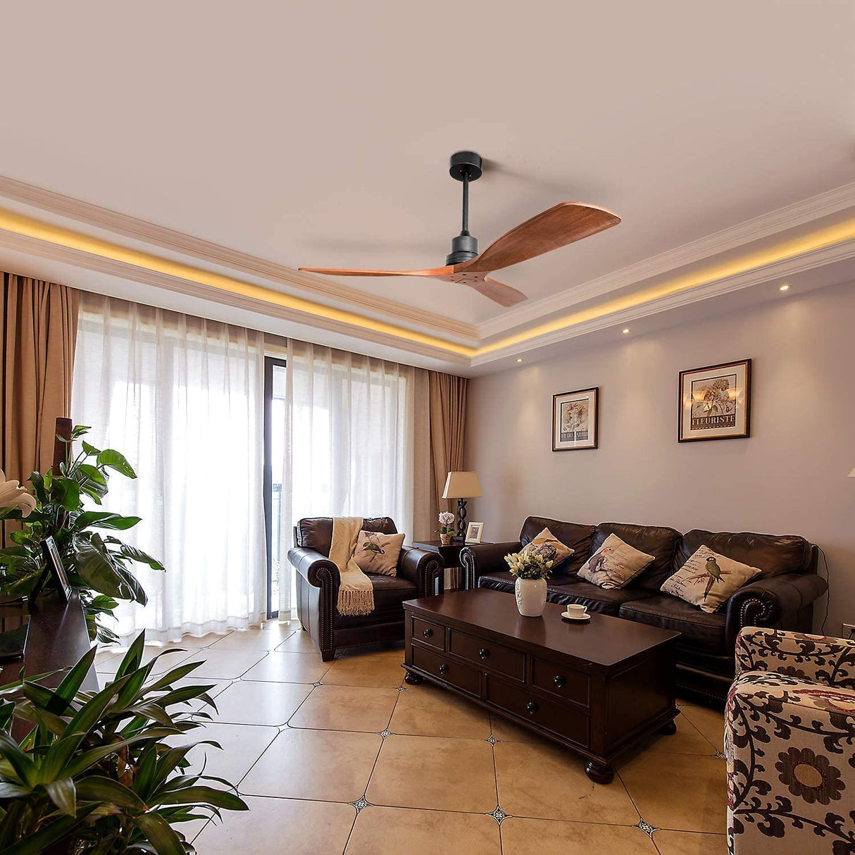 Sofucor 52 Inch Ceiling Fan No Light Outdoor Ceiling Fan Remote Controlled 3 Carved Wood Fan Blades Reversible DC Motor Ceiling Fan Without Light for Farmhouse Modern Style Sofucor