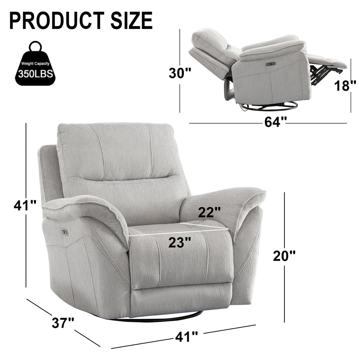 INZOY Glider Recliner Nursery Chair, Power Recliner Swivel Glider, Fabric Electric Swivel Recliner Rocker with Overstuffed Backrest, Power Recliner Chair Reclining Sofa for Living Room, Light Grey INZOY