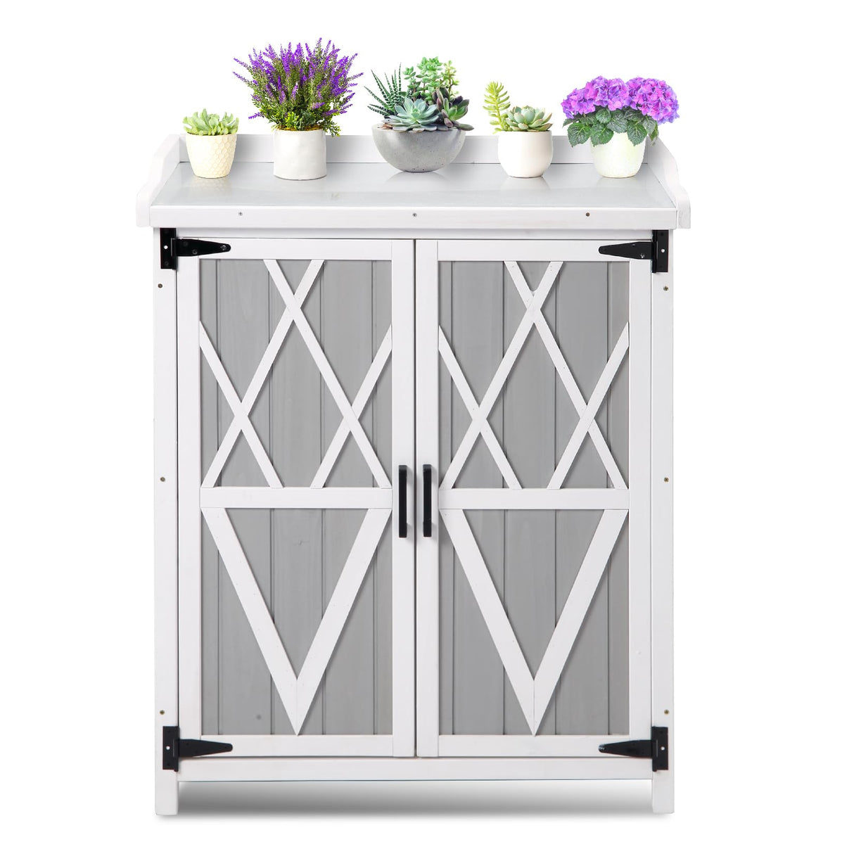 Outdoor Potting Bench with Metal Work Top,Waterproof Garden Storage Cabinet, Wooden Garden Work Bench with Adjustablev Shelves & Double Doors for Backyard, Patio, Lawn Gardening,White Grey PeacefulHues