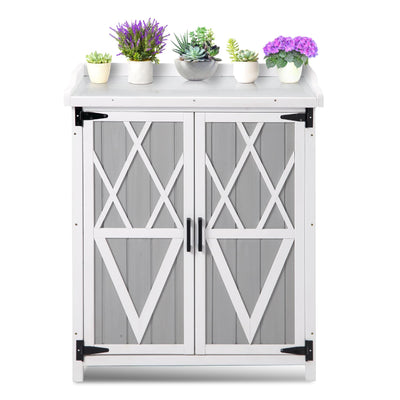 Outdoor Potting Bench with Metal Work Top,Waterproof Garden Storage Cabinet, Wooden Garden Work Bench with Adjustablev Shelves & Double Doors for Backyard, Patio, Lawn Gardening,White Grey