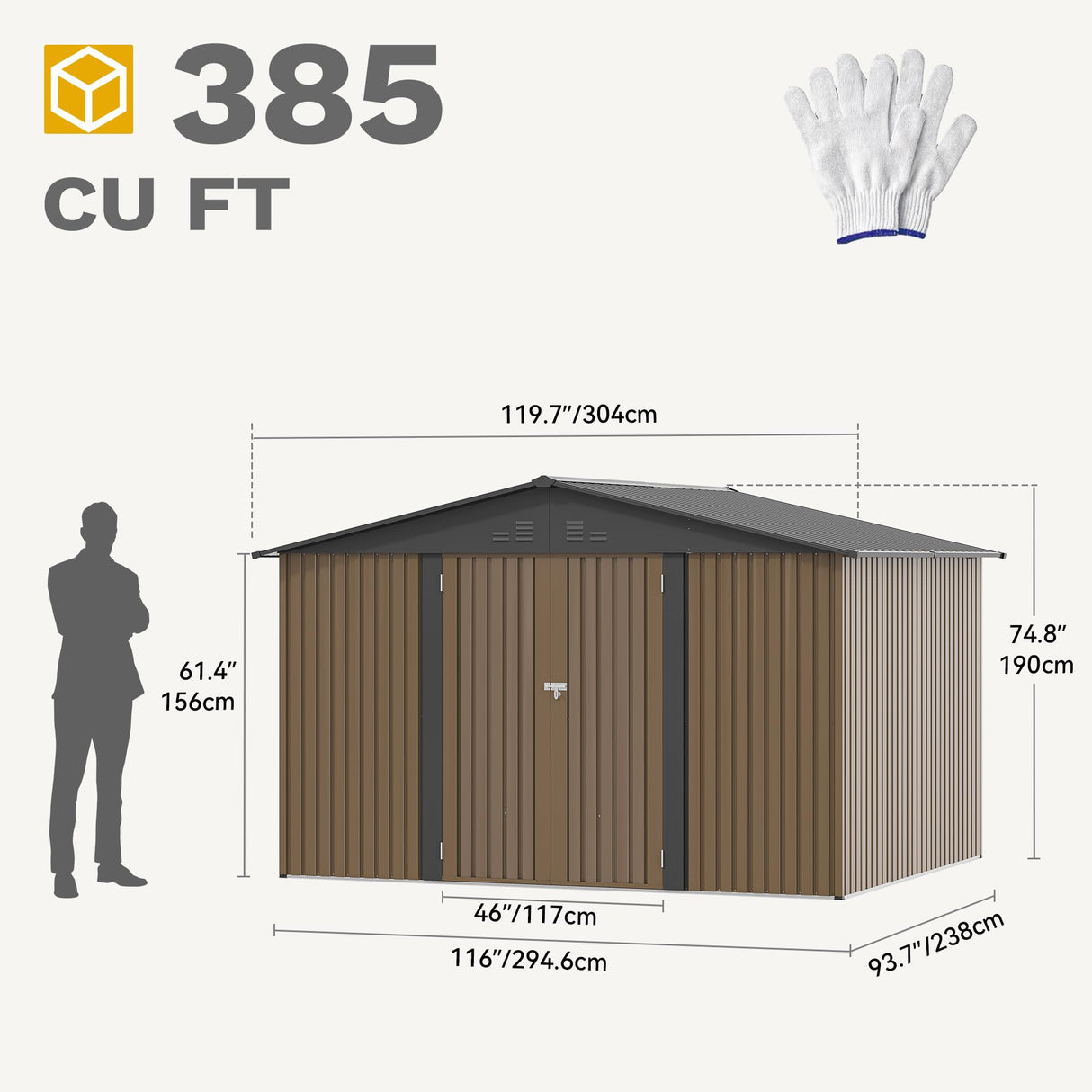 DWVO 10x8FT Outdoor Storage Shed, Spacious Metal Tool Shed with Lockable Doors & Ventilation for Patio, Lawn, and Backyard, Ideal for Storing Garden Equipment, Lawnmowers, and Bicycles, Brown DWVO