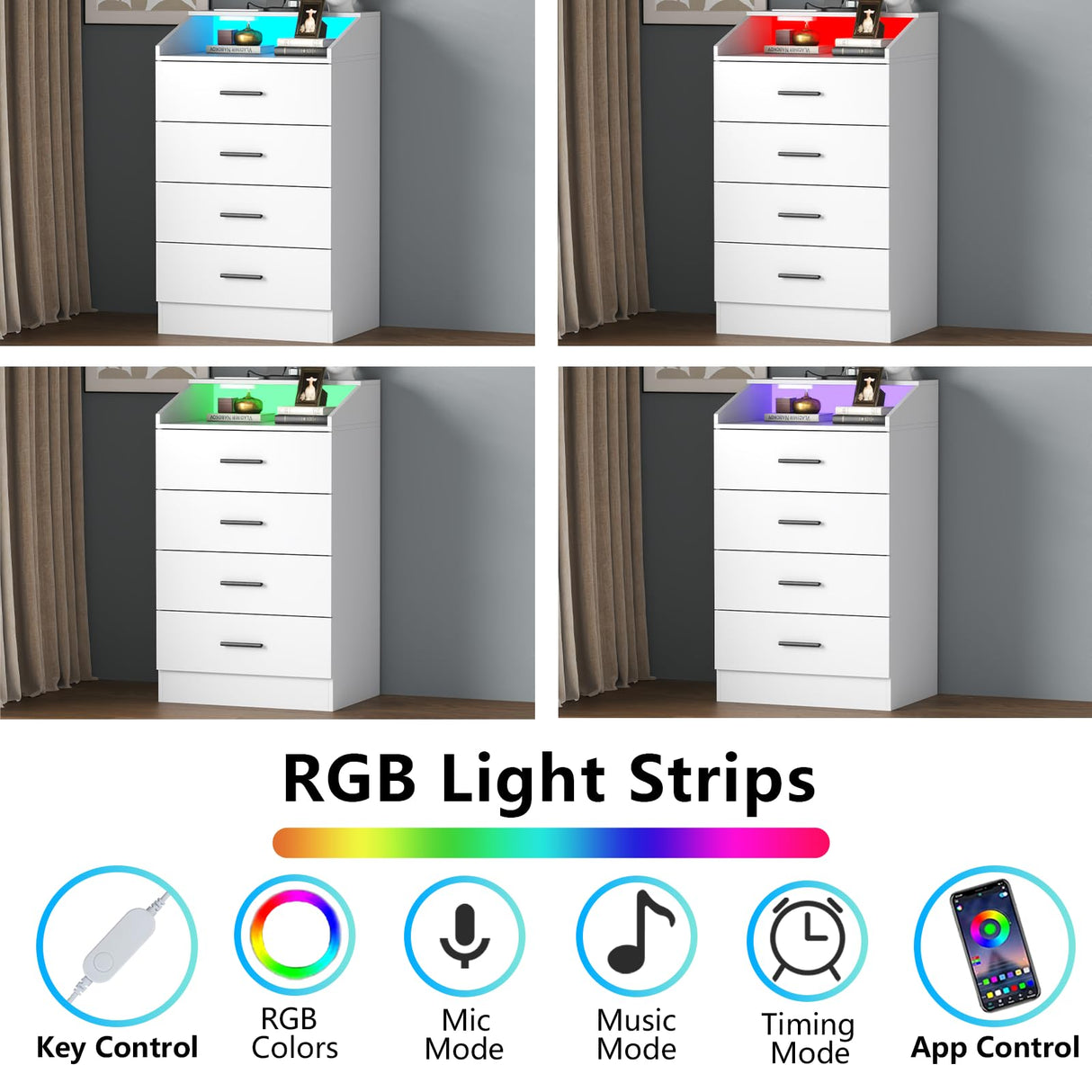 4 Drawer Dresser for bedroom with LED Light, Modern Dresser with Power Outlet, White Dressers with Open Storage Cubby, Chest of Drawers Storage Organizer for Bedroom, Hallway, Living Room(White)โฆ Gyfimoie