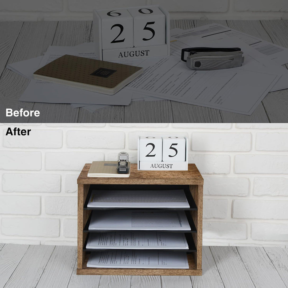 J JACKCUBE DESIGN Rustic Wood Desk Organizer 4 Compartment Paper File Holder for Home and Office, Document Storage, File sorter, Mail and Letter Tray- MK560A J JACKCUBE DESIGN