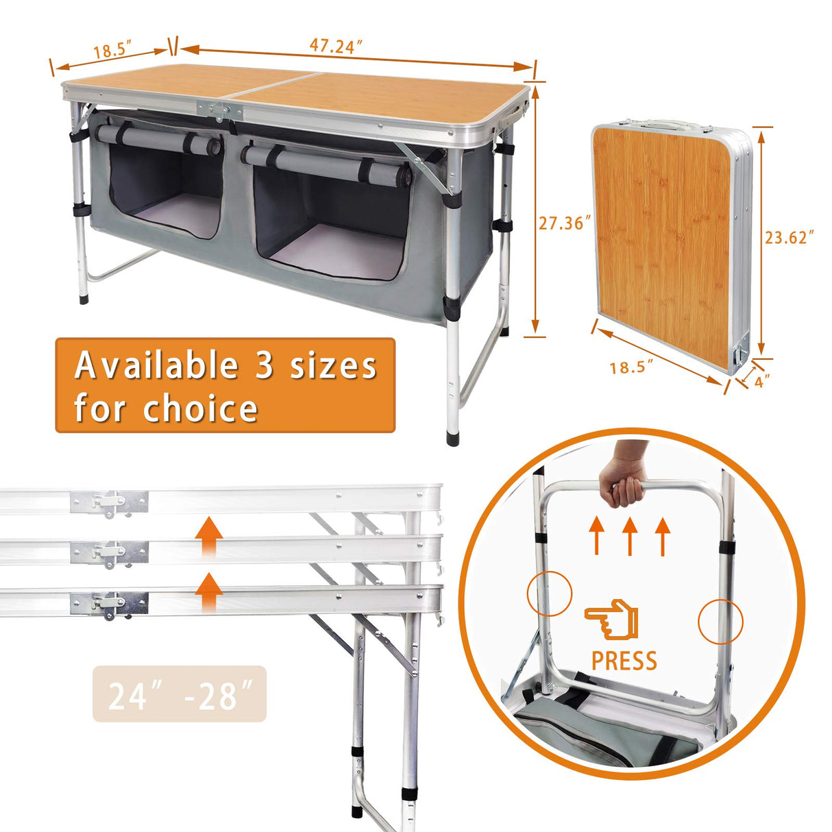 CampLand Outdoor Folding CampingTable with Aluminum Lightweight Height Adjustable with Storage Organizer Picnic Table for BBQ, Party, Camping(BAMBOO) CampLand