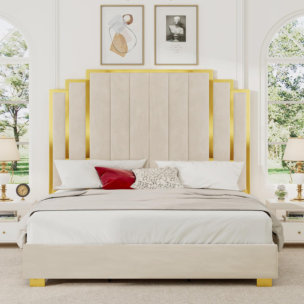 YUMPIE Queen Size Platform Bed Frame with 61" Extra Tall Headboard, Velvet Upholstered Bed with Golden Plating Trim, Wooden Slats/No Box Spring Needed/Noisy Free/Cream YUMPIE