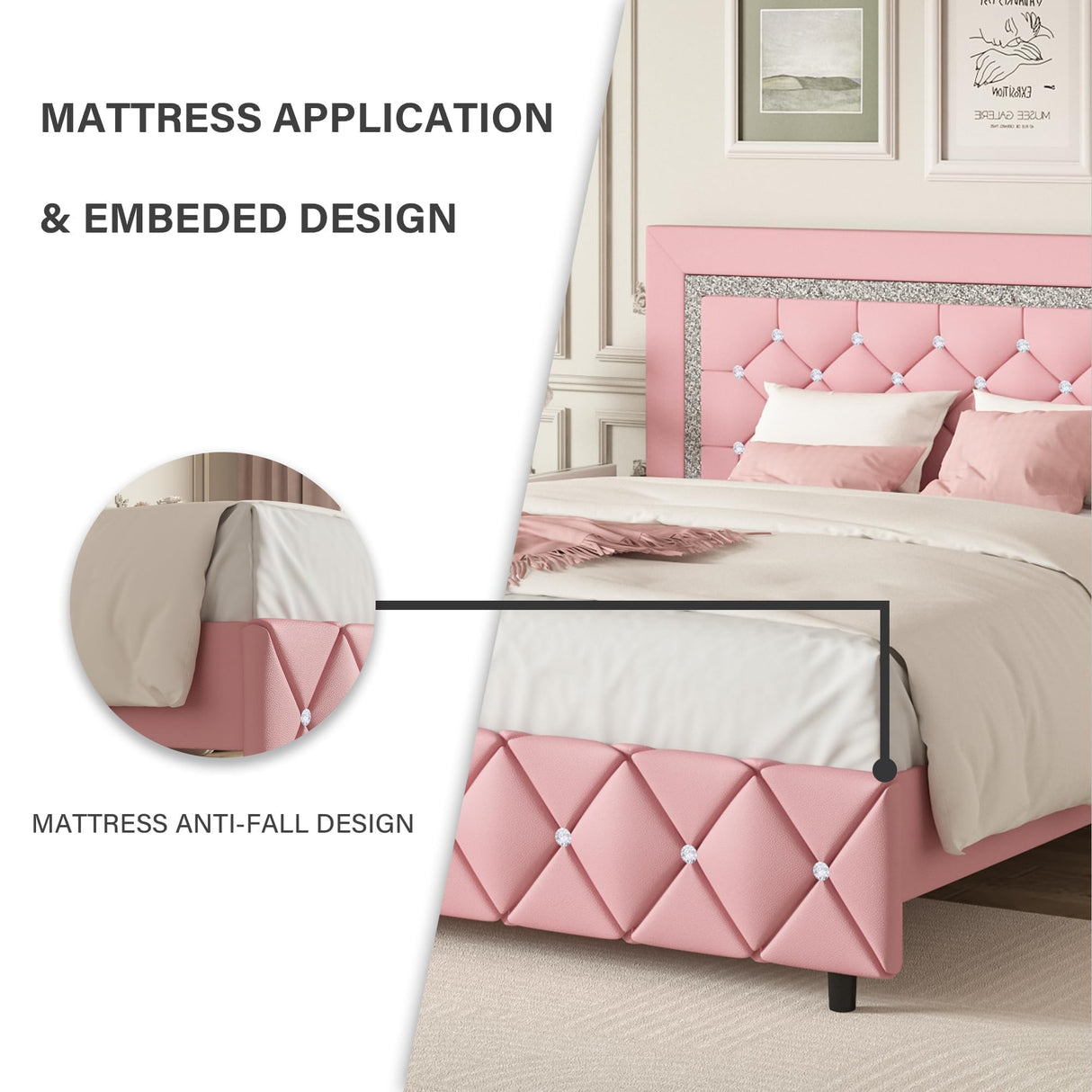 Queen Bed Frame with Headboard, Faux Leather Upholstered Bed with Diamond Tufted Design, Modern Platform Bed Frame, No Box Spring Required, Easy Assembly, Pink BarnFurin