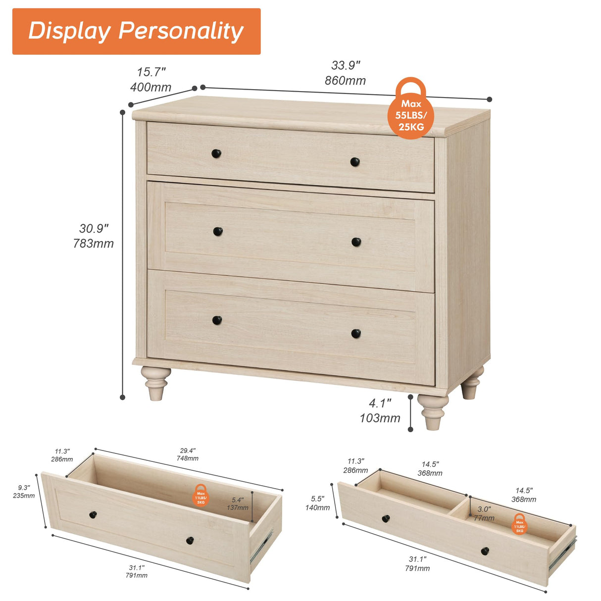 WAMPAT Dresser for Bedroom with 3 Drawers, Kids Dressers with Wide Chest of Drawers, Mid Century Modern Wooden Closet Storage Organizer, Small Dressers for Nursery, Hallway, Living Room, Light Oak WAMPAT