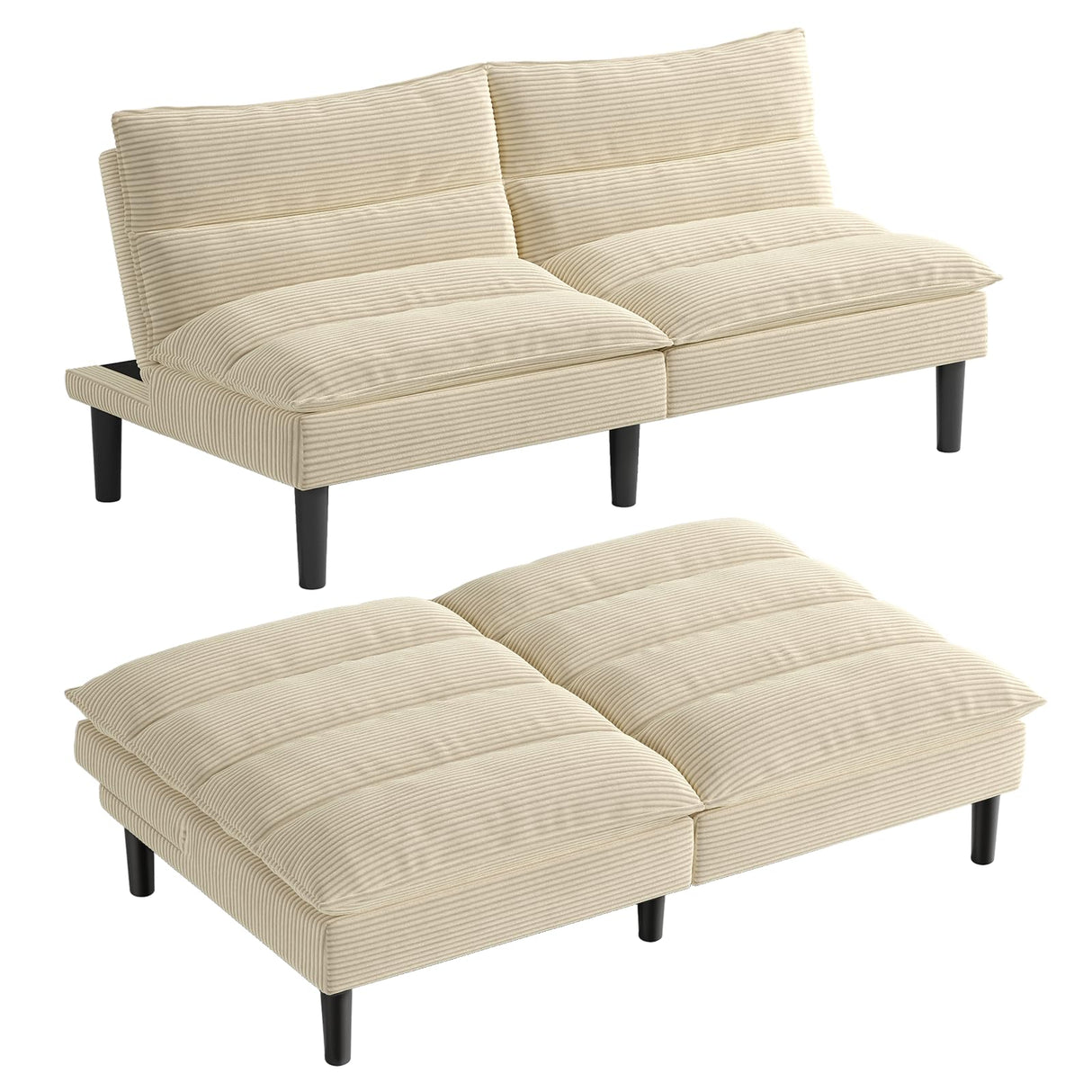 ONBRILL 64" Futon Sofa Bed, Corduroy Sofa Bed Couch with Adjustable Backrest, Convertible Loveseat Sleeper Sofa with Sturdy Wooden Legs, Comfy White Couches for Living Room, Bedroom, Office ONBRILL