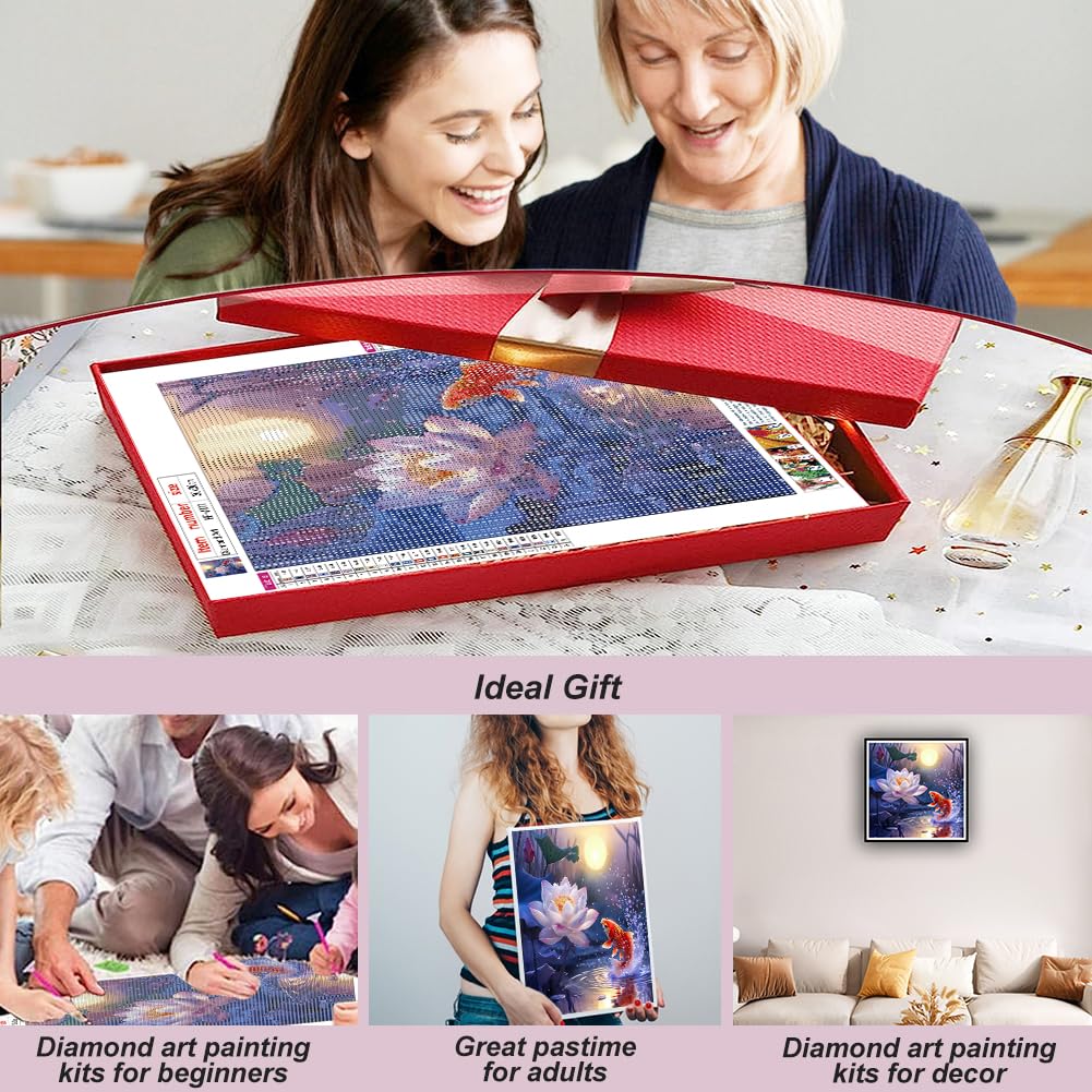 hill froeistung Lotus Flower Diamond Art Painting Kits for Adults,Fish Diamond Art for Beginners, 5D DIY Full Drill Round Gem Art Craft Home Wall Decor Gift 12x12 inch hill froeistung