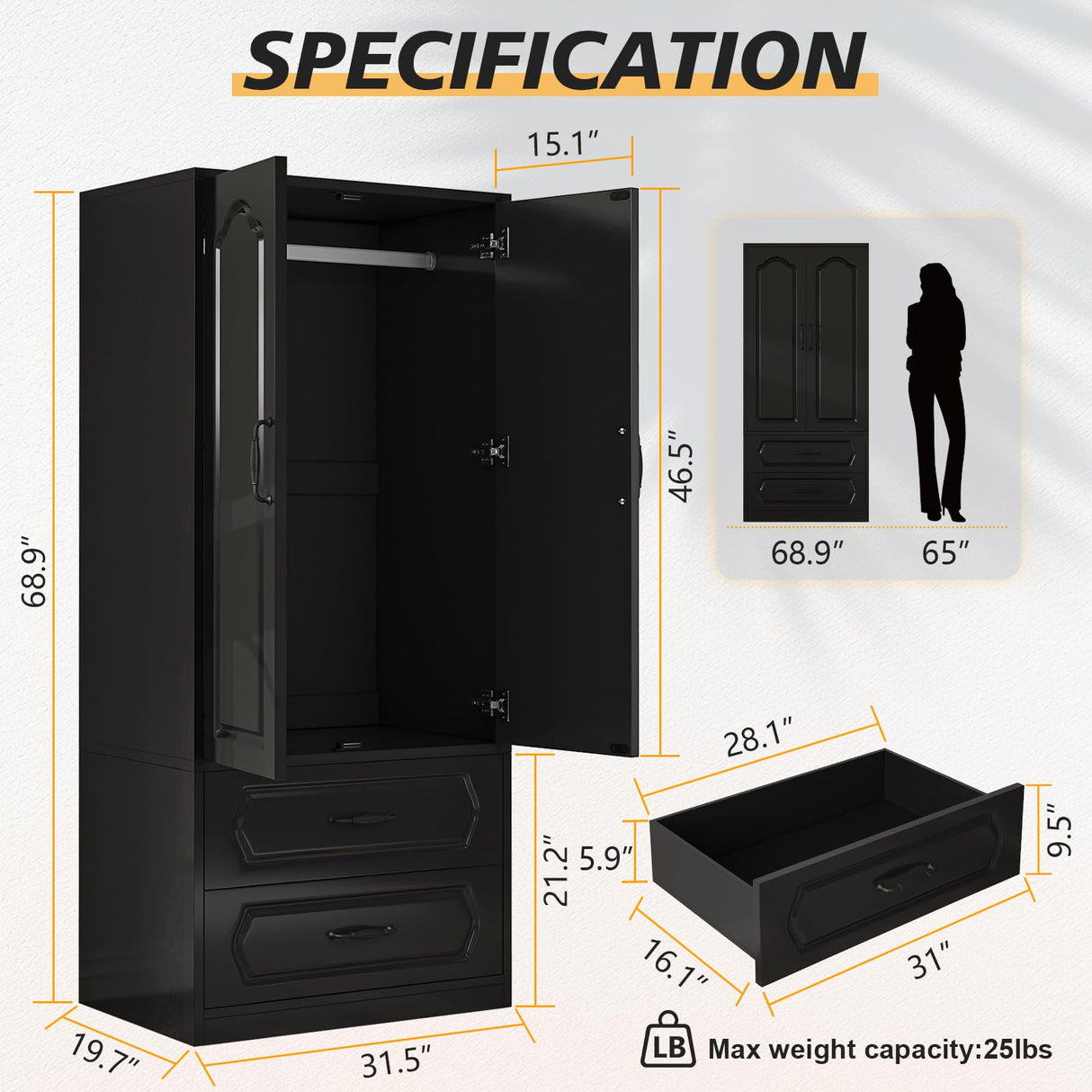 Swpormundo Wardrobe Closet with Drawers and Hanging Rod, 70" Wooden Wardrobe Closet with 2 Doors and 2 Drawer, Armoire Clothing Storage Cabinets with Smooth Slide for Bedroom, Dorm, Cloak Room (Black) Swpormundo