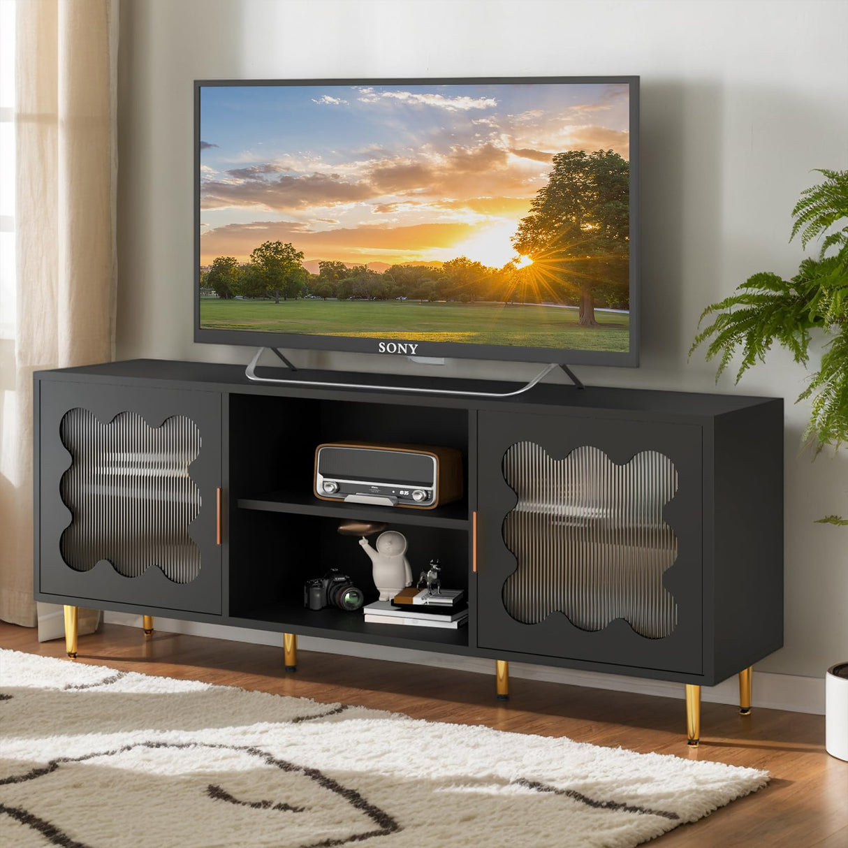 Runglecho Mid-Century Modern TV Stand and Cabinet for 65, 70 and 75 Inch Televisions, Black Glass Entertainment Center with Storage, Stylish Console Table for Living Room and Bedroom (Black) Runglecho