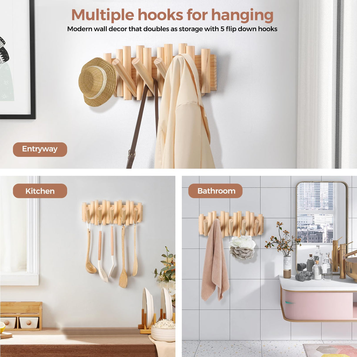 zQSFP Coat Rack Wall Mount with 5 Foldable Hooks – Space-Saving Natural Wood Storage Organizer for Entryway, Bedroom, or Office – Sleek Design, Easy Installation (Big Nature) zQSFP