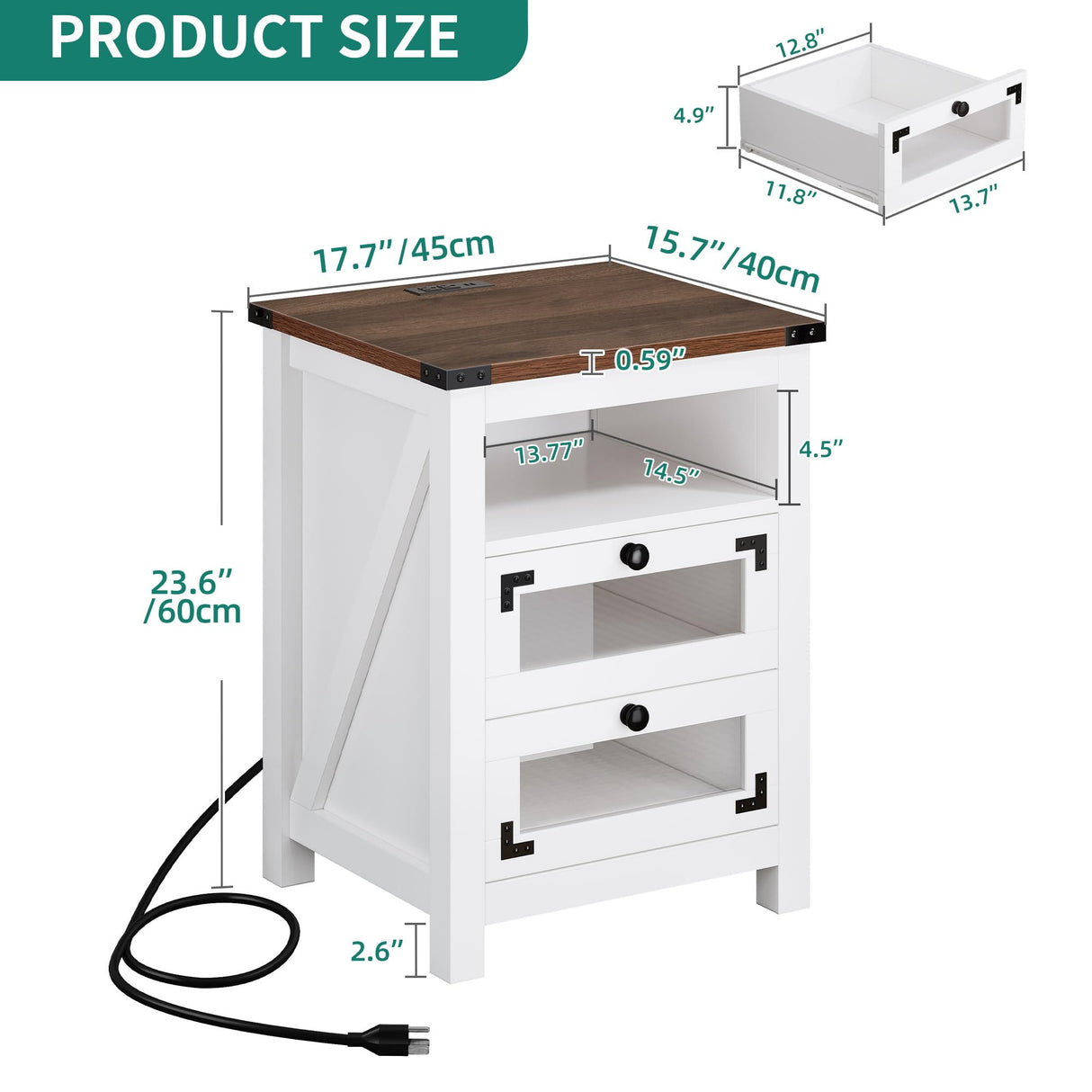 YITAHOME Farmhouse Nightstand with Charging Station, 2 Drawers Night Stand with LED Lights, Wood End Table Side Table with Storage, Walnu + White YITAHOME