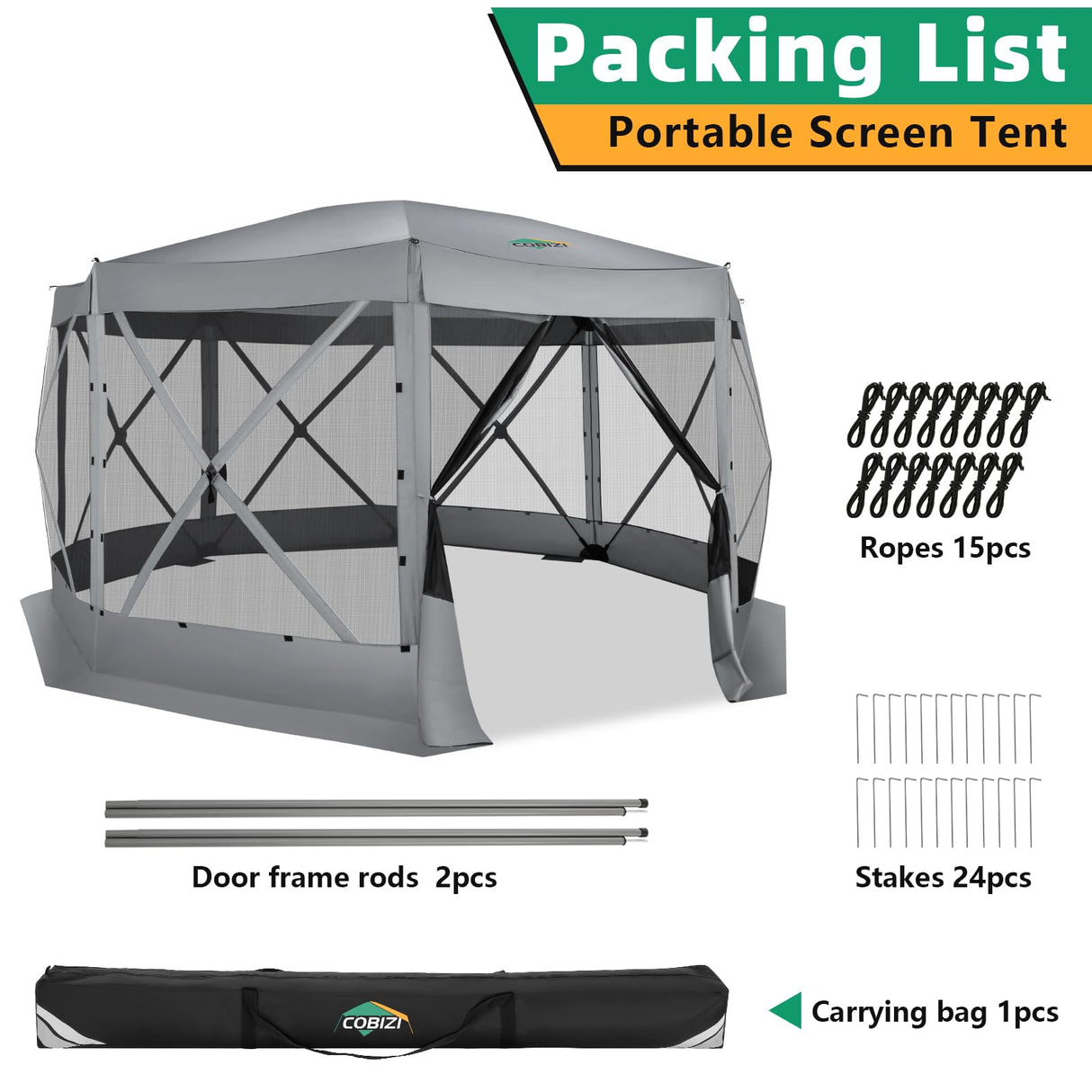 COBIZI Pop Up Gazebo Screen Tent Screen House for Camping, 15x15 Screen Room with Mosquito Netting, Hub Tent Instant Screened Canopy with Carrying Bag and Ground Stakes, Gray COBIZI