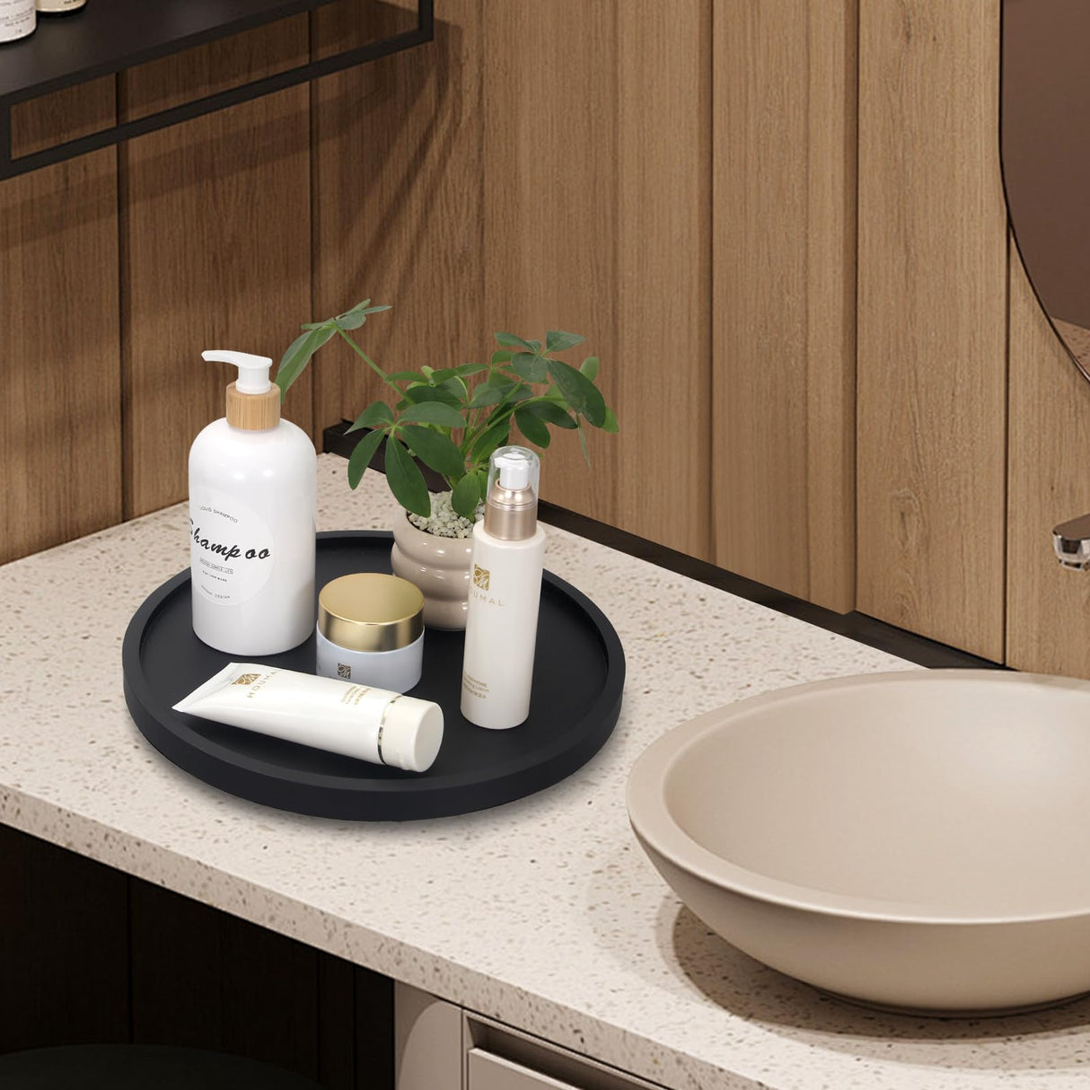 Black Wood Lazy Susan Cabinet Turntable Round Bathroom Vanity Organizer Tray Decorative 12" Wooden Lazy Susan for Dining Table Top Kitchen Sink Countertop Large Lazy Susan Rotating Tray Spice Rack Ayiaren