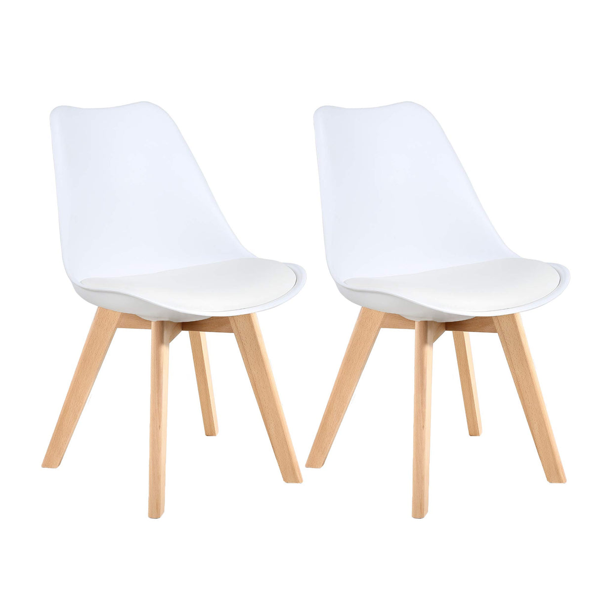 LSSBOUGHT Mid Century Modern Dining Chairs, Shell Lounge Plastic Desk Chair Side Chair with Soft Padded and Wooden Legs for Dining Room Living Room Bedroom Kitchen Set of 2 (White) LSSBOUGHT