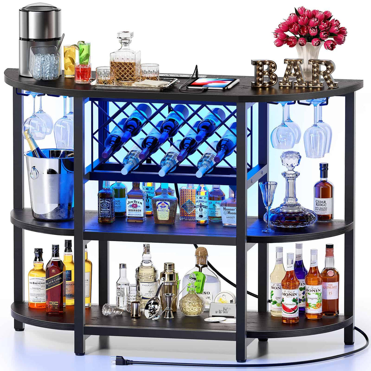 Zarler Bar Table Cabinet with Power Outlet, LED Home Mini Bar Cabinet for Liquor, Metal Wine Bar Stand with 4-Tier Storage, Easy to Assemble, Black Zarler