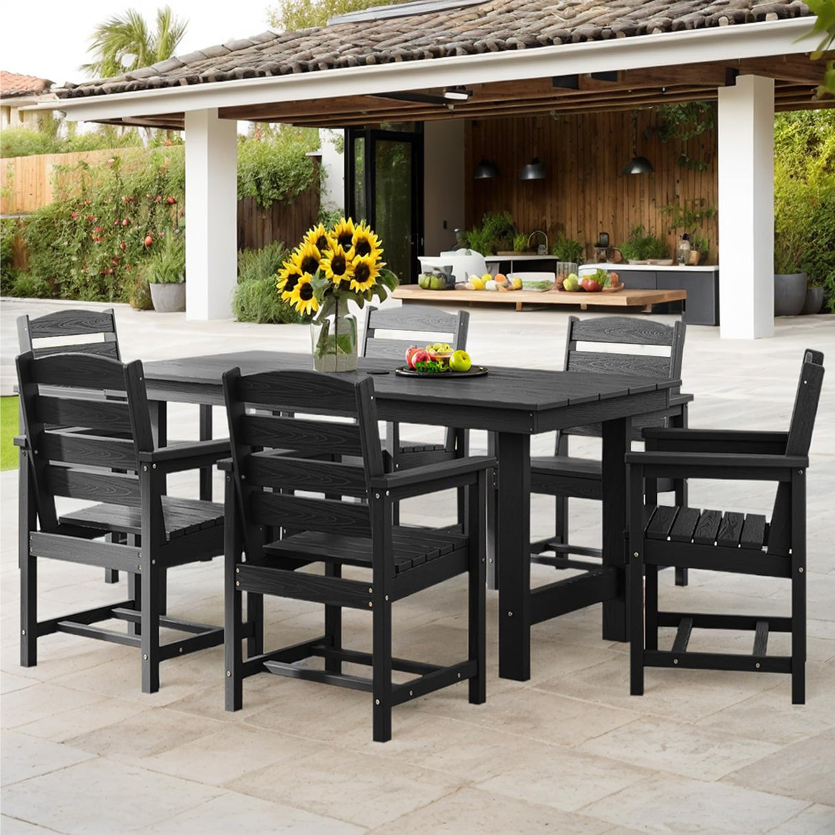 TenKa 7 Piece HDPE Patio Furniture Set for 6, Dining Table and Chairs, Outdoor Table with Umbrella Hole, Outdoor Dining Set for Garden, Backyard, Lawn, and Poolside TenKa