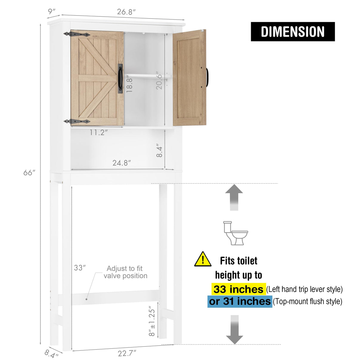 Spirich Over The Toilet Storage Cabinet, Farmhouse Over Toilet Bathroom Organizer with Wood Grain Barn Doors and Adjustable Shelves Spirich