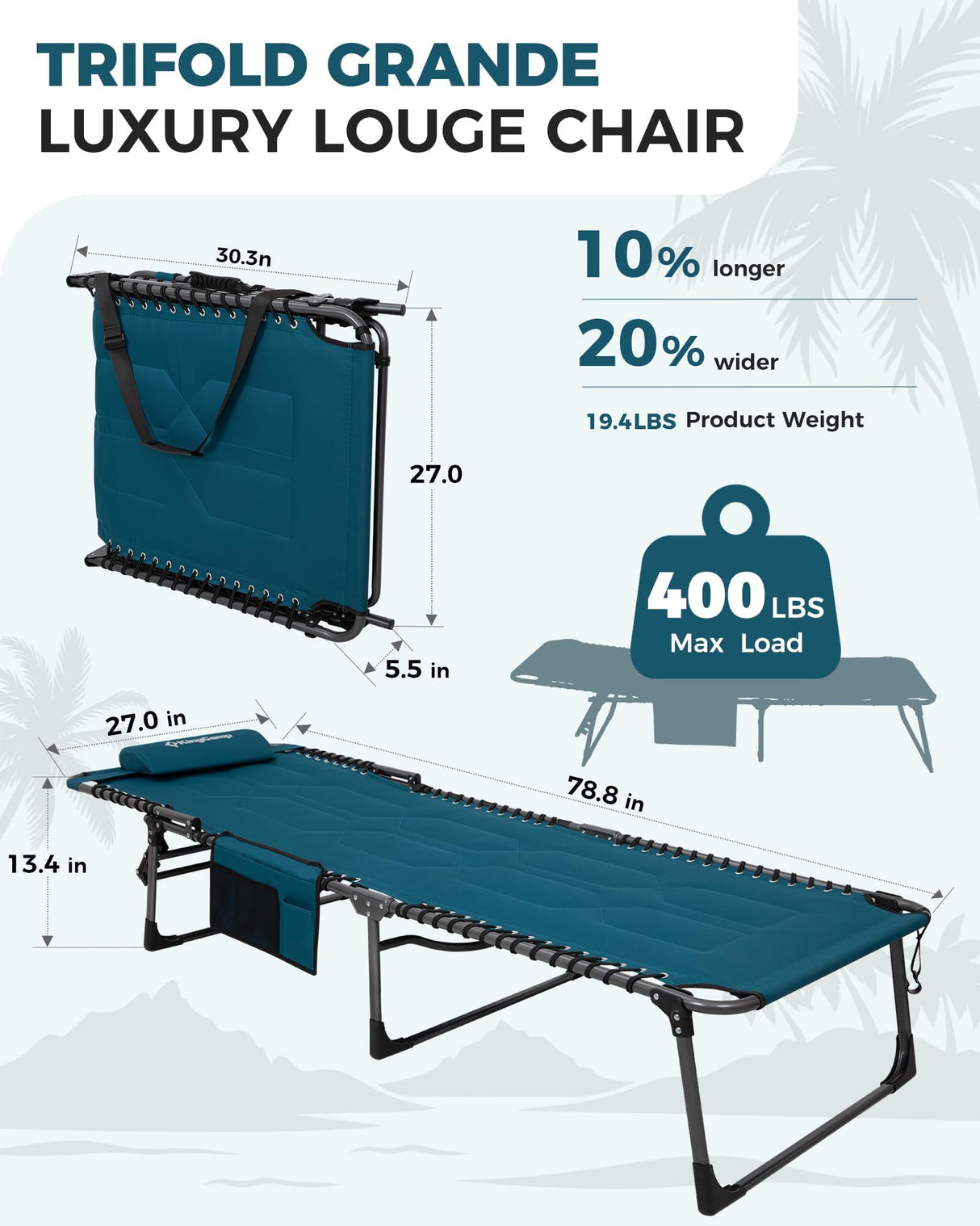 KingCamp Oversized Tanning Chair, Extra-Wide Padded Folding Chase Lounge Chairs Portable Adjustable 5-Position 400lbs Heavy Duty Lounger with Double-Layer Oxford for Outdoor Beach Patio Sun Pool KingCamp