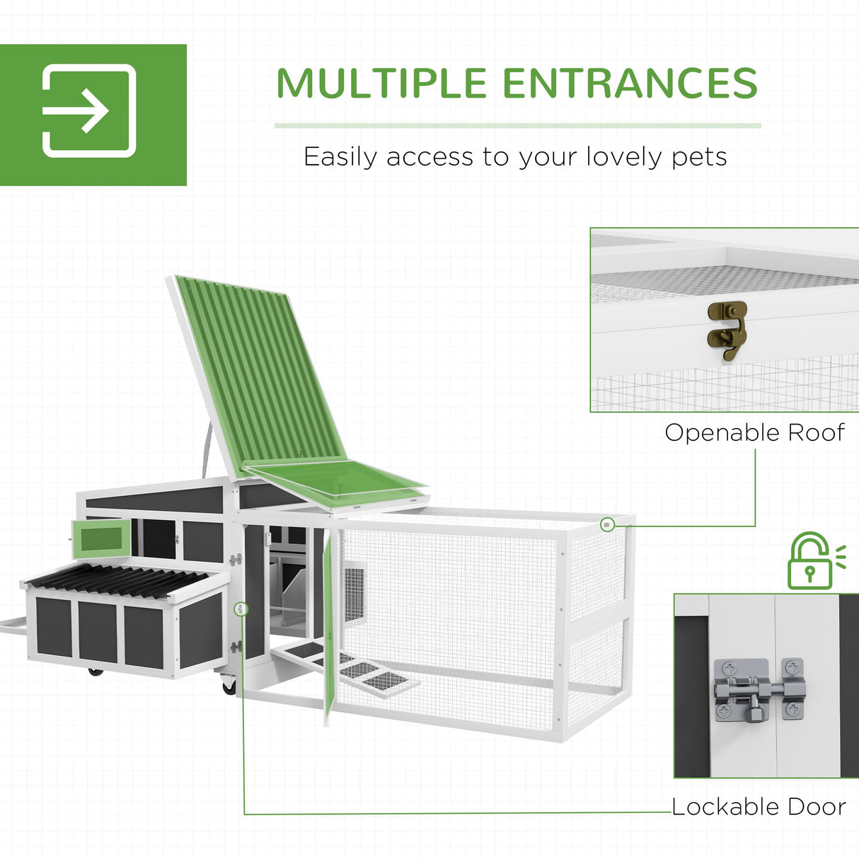 PawHut Wooden Chicken Coop with Nesting Box, Outdoor Poultry Cage or Rabbit Hutch for 6 Chickens with Pull Out Tray, Run, Perches, Ramp, Windows for Duck, Hen, Small Animals, Dark Gray PawHut