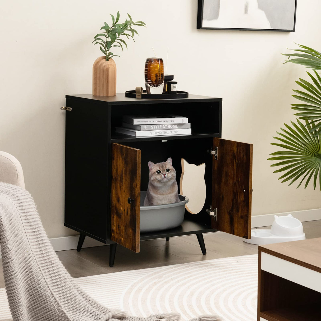 PETSITE Cat Litter Box Enclosure, Wooden Enclosed Litter Box with Shelves, Hidden Litter Box Furniture End Table PETSITE