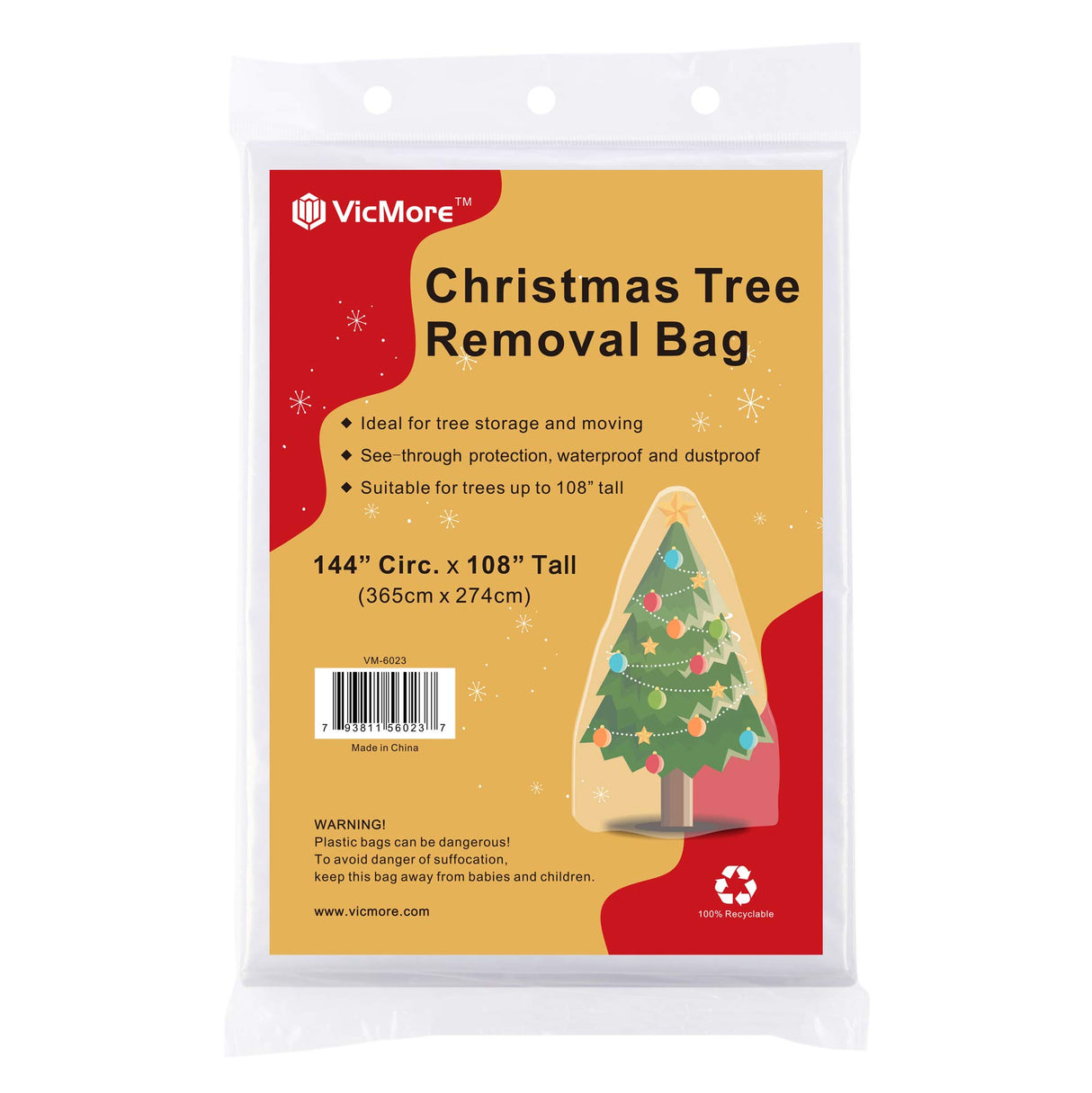 VICMORE Clear Christmas Tree Removal Bag 144-Inch Circumference by 108-Inch Tall Christmas Tree Storage Bag Tree Disposal Bag Suitable for Trees up to 9 Feet Tall VICMORE