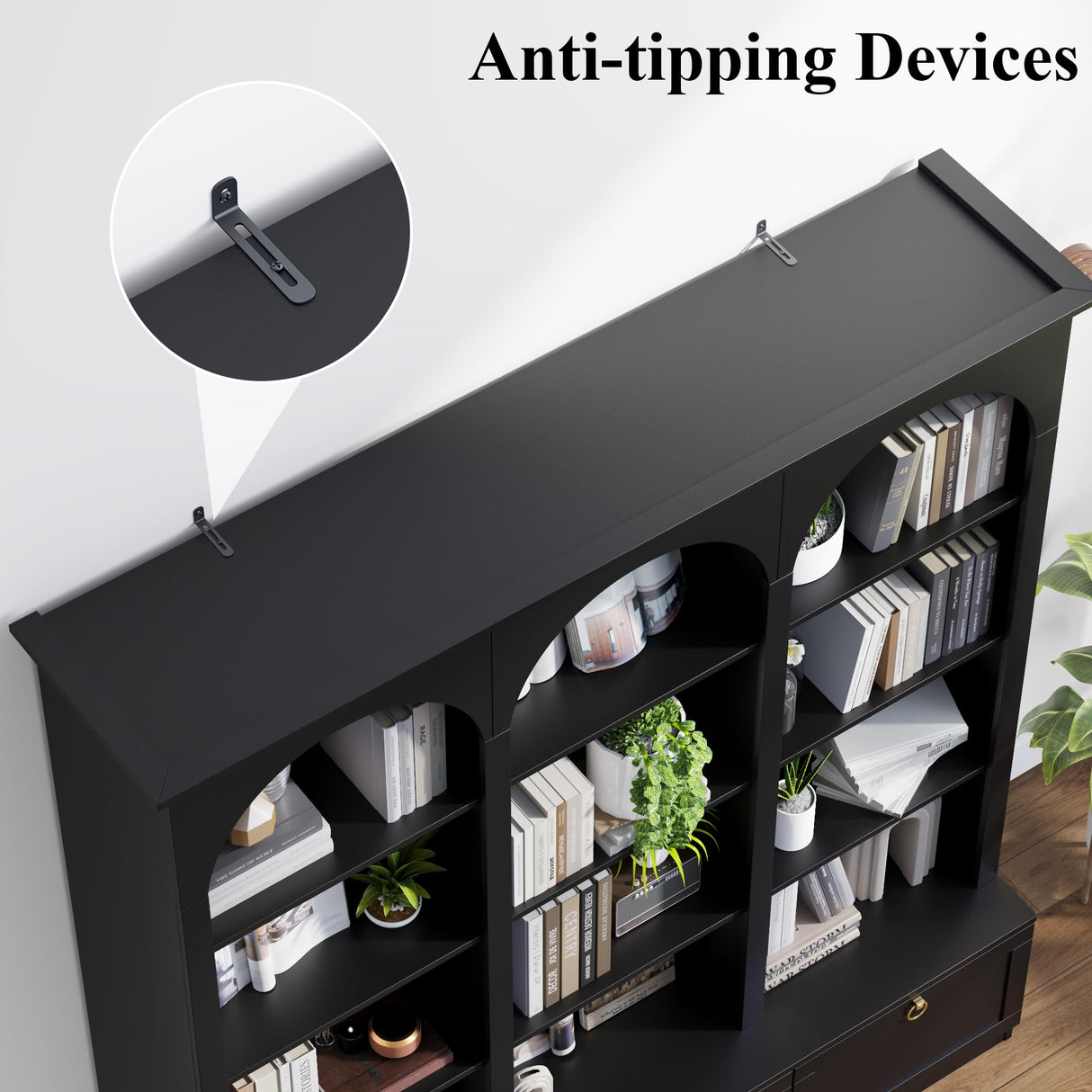 71" Triple Bookshelf with Doors, 5 Tier Tall Bookshelf with Cabinet , Large Book Shelf w/ 12 Adjustable Open Display Shelves & Anti-Tipping, 63" Wide Arched Bookcase for Living Room, Study, Black Loomie