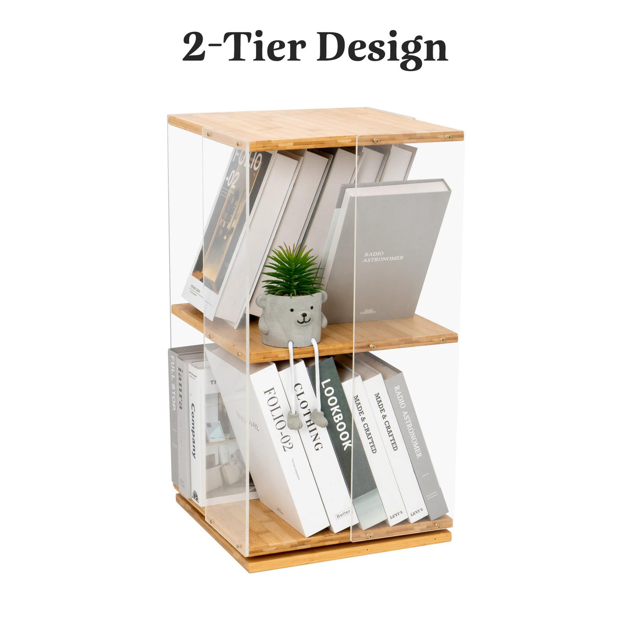 MYOYAY 360° Rotating 2-Tier Acrylic Bookshelf with Doors for Modern Display MYOYAY