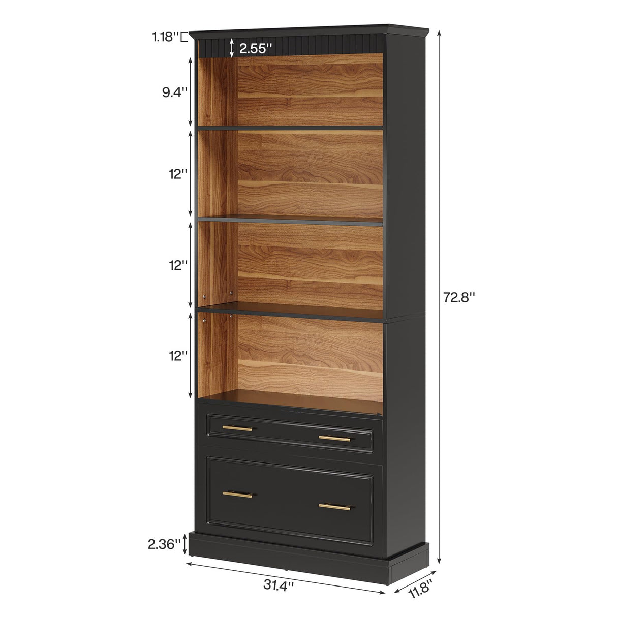 Tribesigns 5-Shelf Bookcase with File Cabinet Drawer, 72" Tall Bookshelf, Modern Free-Standing Wood Bookcase, Large Open Display Storage Book Shelf for Living Room (1, Black) Tribesigns