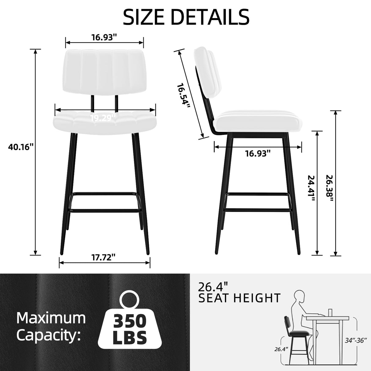 HONIFUR Bar Stools Set of 4, Barstools with Sturdy Legs, Leather Counter Height Bar Stool for Kitchen, Dining, 26 Inch Farmhouse Counter Stools, White HONIFUR