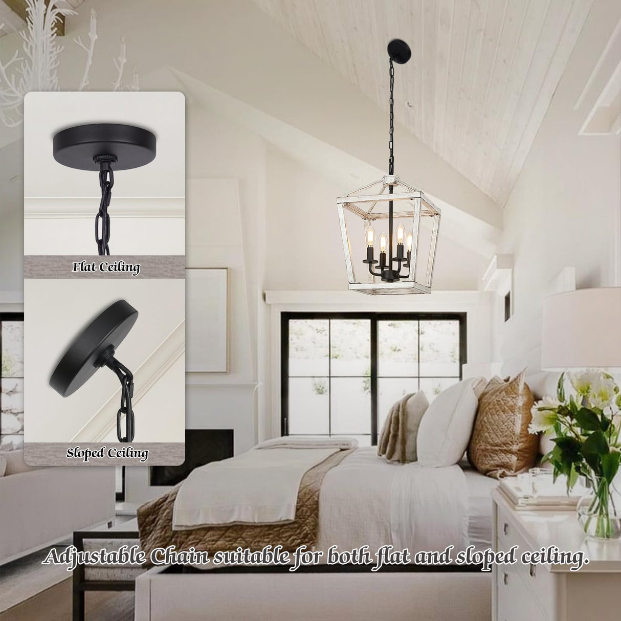 4 Light Rustic Chandelier, Farmhouse Lantern Fixture with Brushed White Oak Cage and Adjustable Chain, E12 Base Geometric Hanging Light Fixture Ceiling lighting for Entryway Kitchen Island, Indoor Use Seaside village