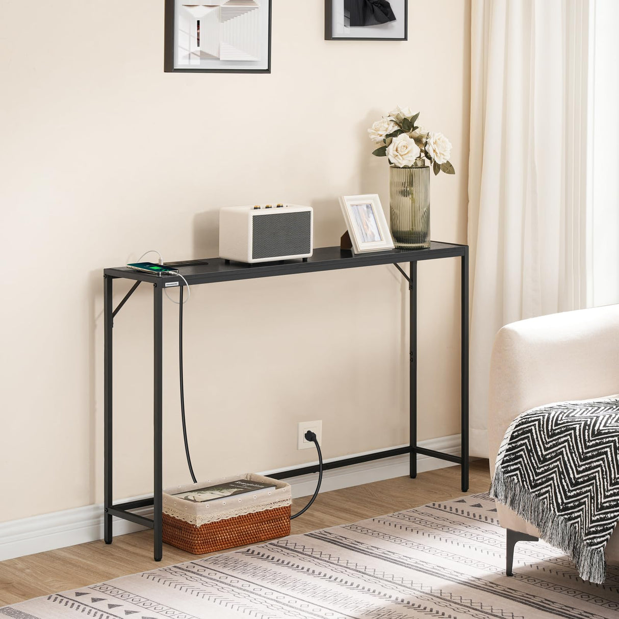 MAHANCRIS Console Table, Narrow Sofa Table, 43.3” Entrance Table with Power Station, Behind Couch Table, Simple Style, for Living Room, Hallway, Entryway, Foyer, Black CTHB112E01 MAHANCRIS