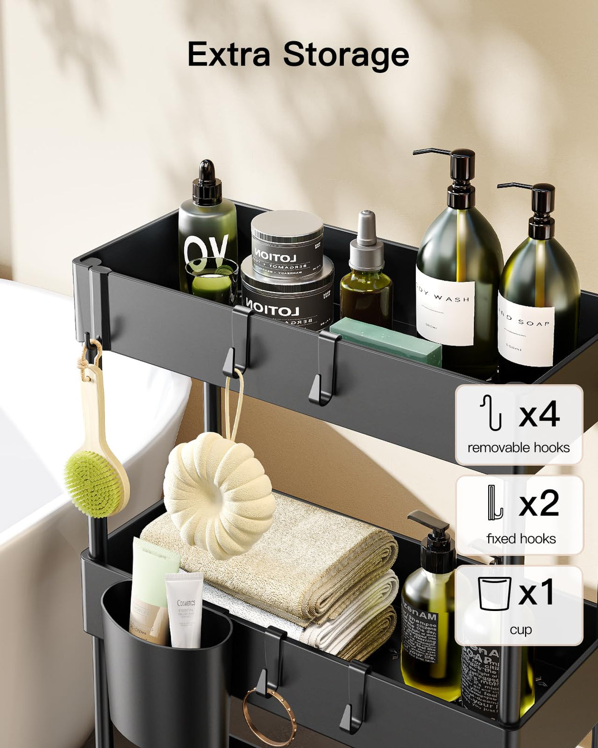 Pipishell Slim Storage Cart with Wheels, Bathroom Cart Organizer Bathroom Storage Small, Rolling Cart for Bathroom, Laundry Room, Kitchen, Narrow Space, Black PIUC04 Pipishell