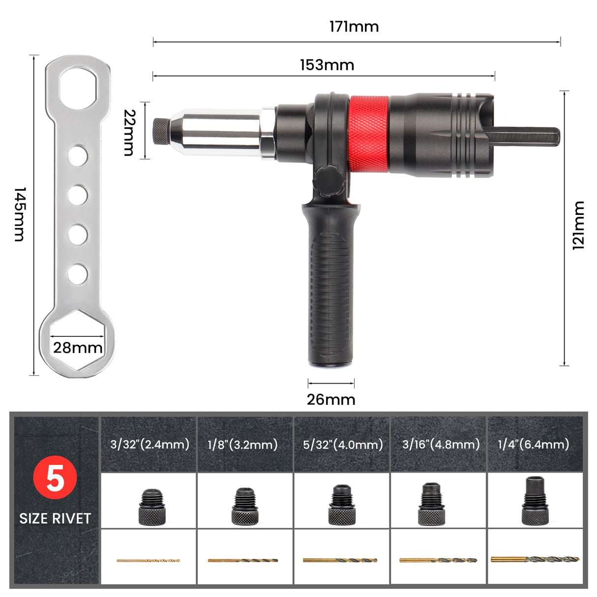 YUZES Rivet Gun Kit Adapter for Cordless Drills and 8mm Ratchet Wrench, Rivet Tool with (3/32", 1/8", 5/32", 3/16", 1/4") Interchangeable Rivet Heads and 5 Twist Drill, Easy Processing for Pop Rivet YUZES