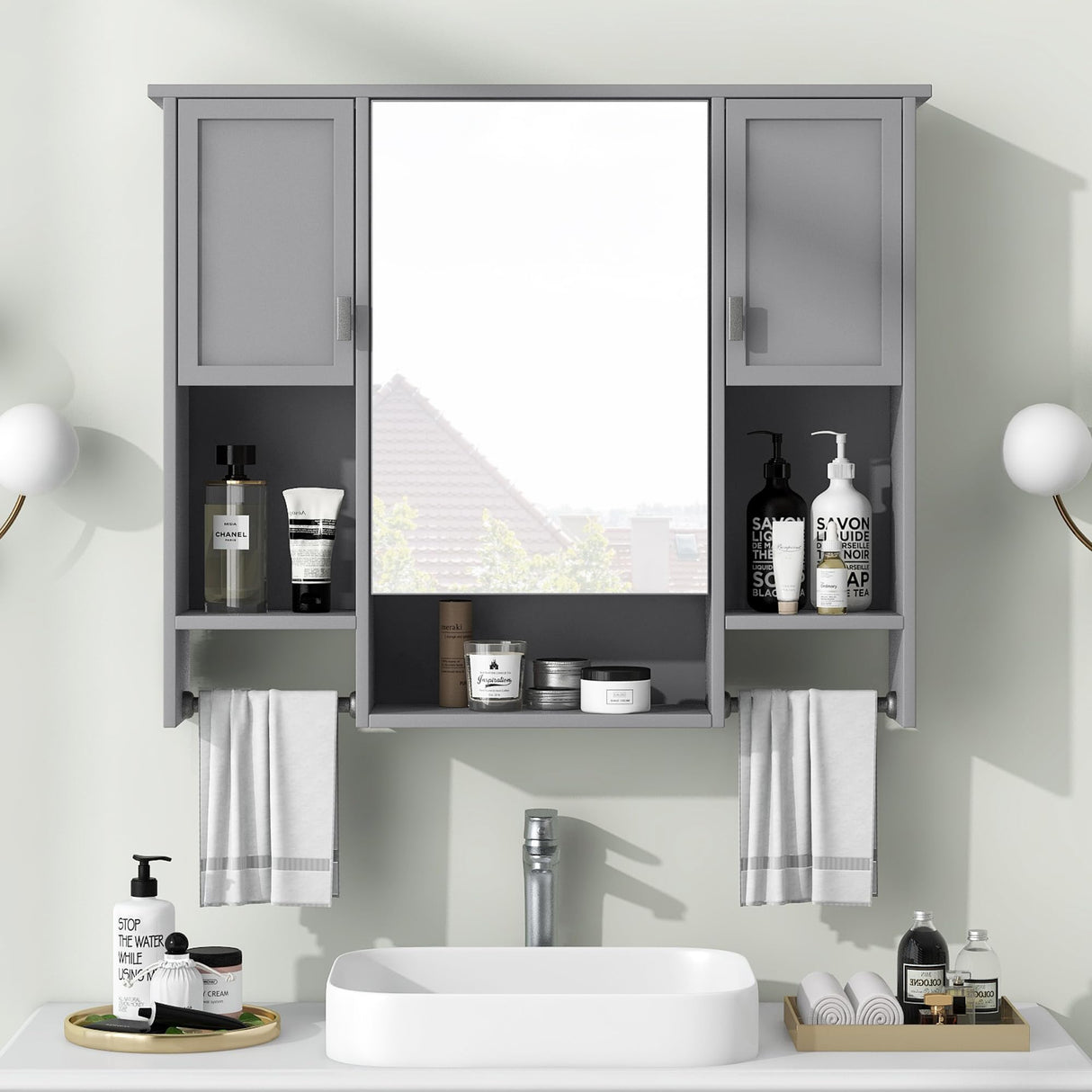 Virubi Bathroom Medicine Cabinet, Wall Mounted Bathroom Storage Cabinet with Mirror, Open Shelf, Side Cabinet and Towel Bar, Over The Toilet Mirrored Cabinet, 35" W x 28.7" H Virubi