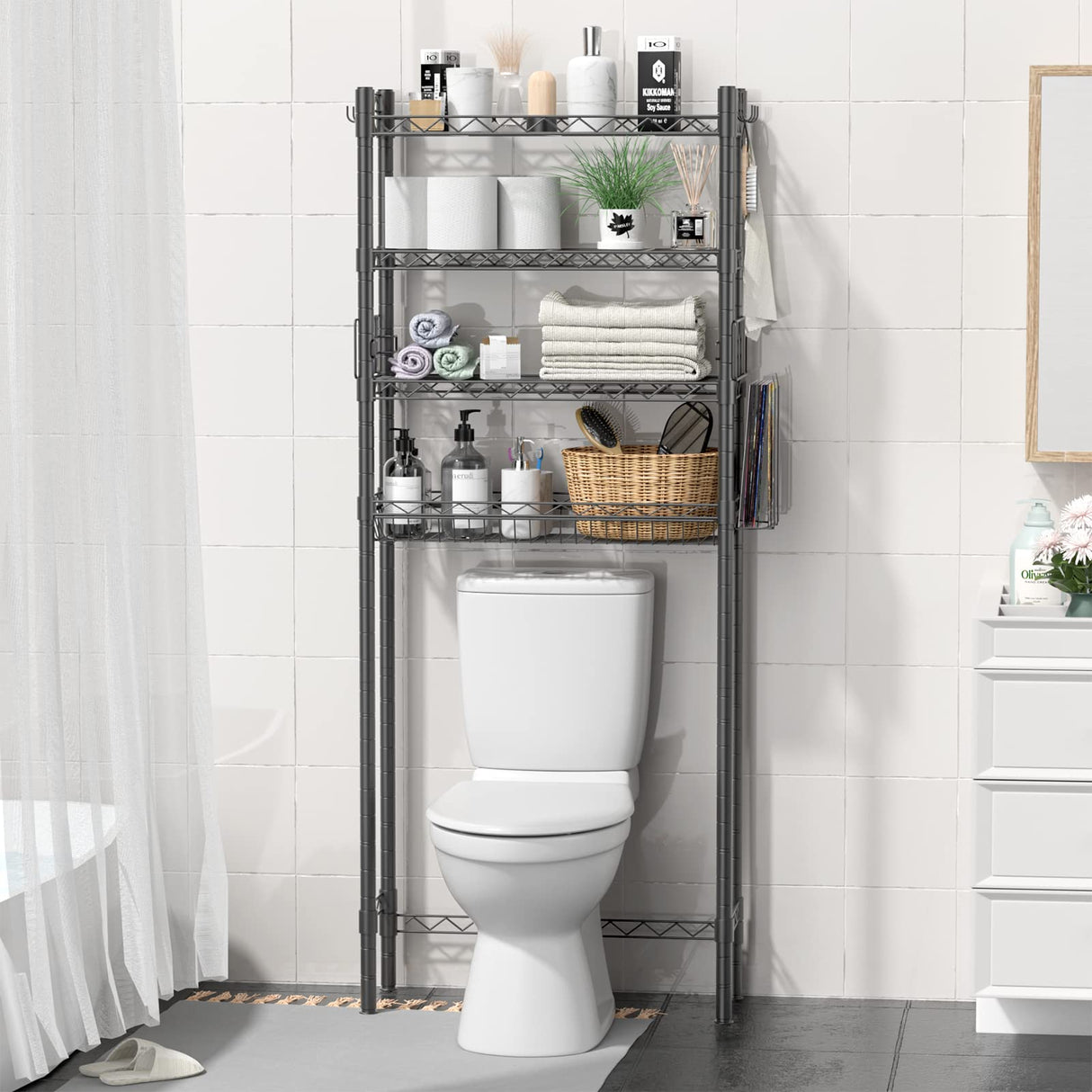 Hodonas 4-Tier Toilet Shelf Storage, Bathroom Organizer Shelves Over Toilet Storage, Above Toilet Tack Free Standing Bathroom Space Saver with Adjustable Basket and Shelves, Gray Hodonas