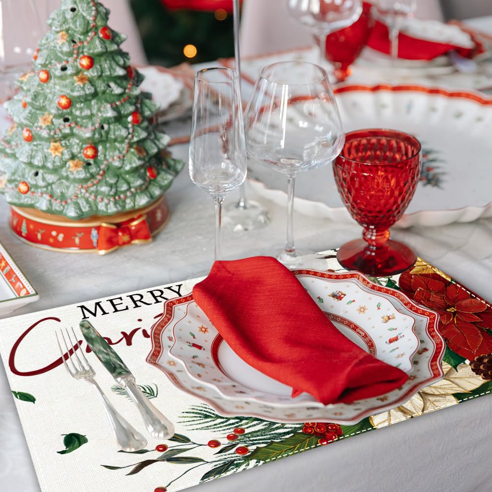 Heirloom Haven 4PCS Merry Christmas Placemats 12x18 inch Red Floral Holly Seasonal Winter Place Mats Rustic Plastic Christmas Table Mats for Kitchen Dining Indoor Home Party Decoration Heirloom Haven