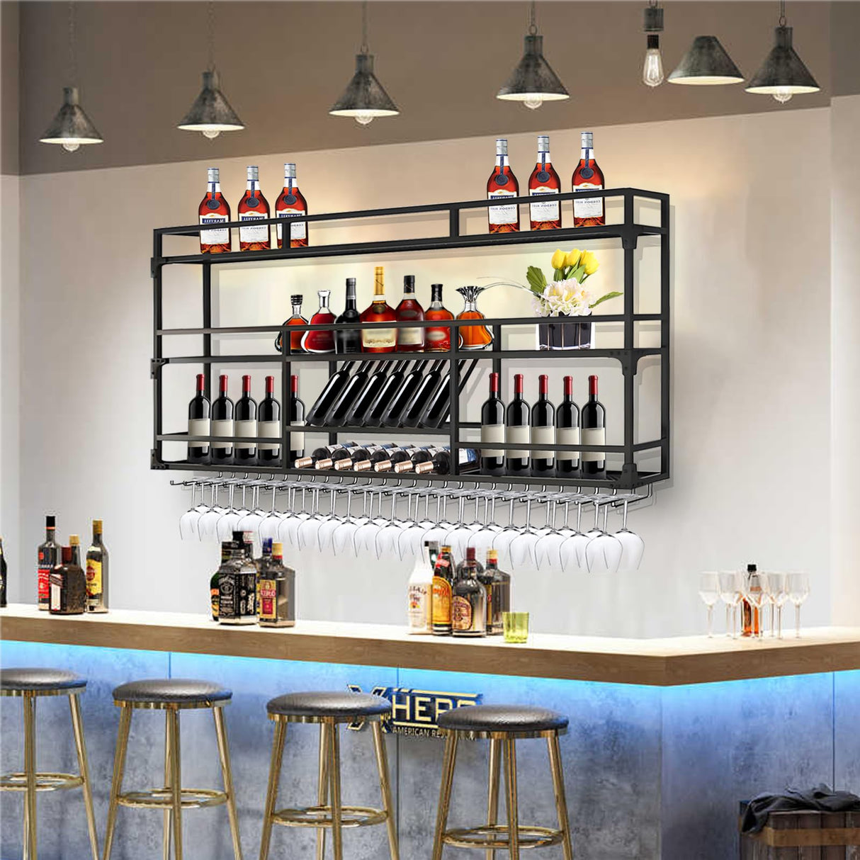 47.2in Wall Mounted Wine Rack, Wine Rack Wall Mounted With Wine Glass Rack, Metal Bar Bottle Display Shelf Wine Cups Hanging Holder, For Home Bar Cafe Dining Room Decoration (BLACK, 47.2*10*35.5inch) amhricho