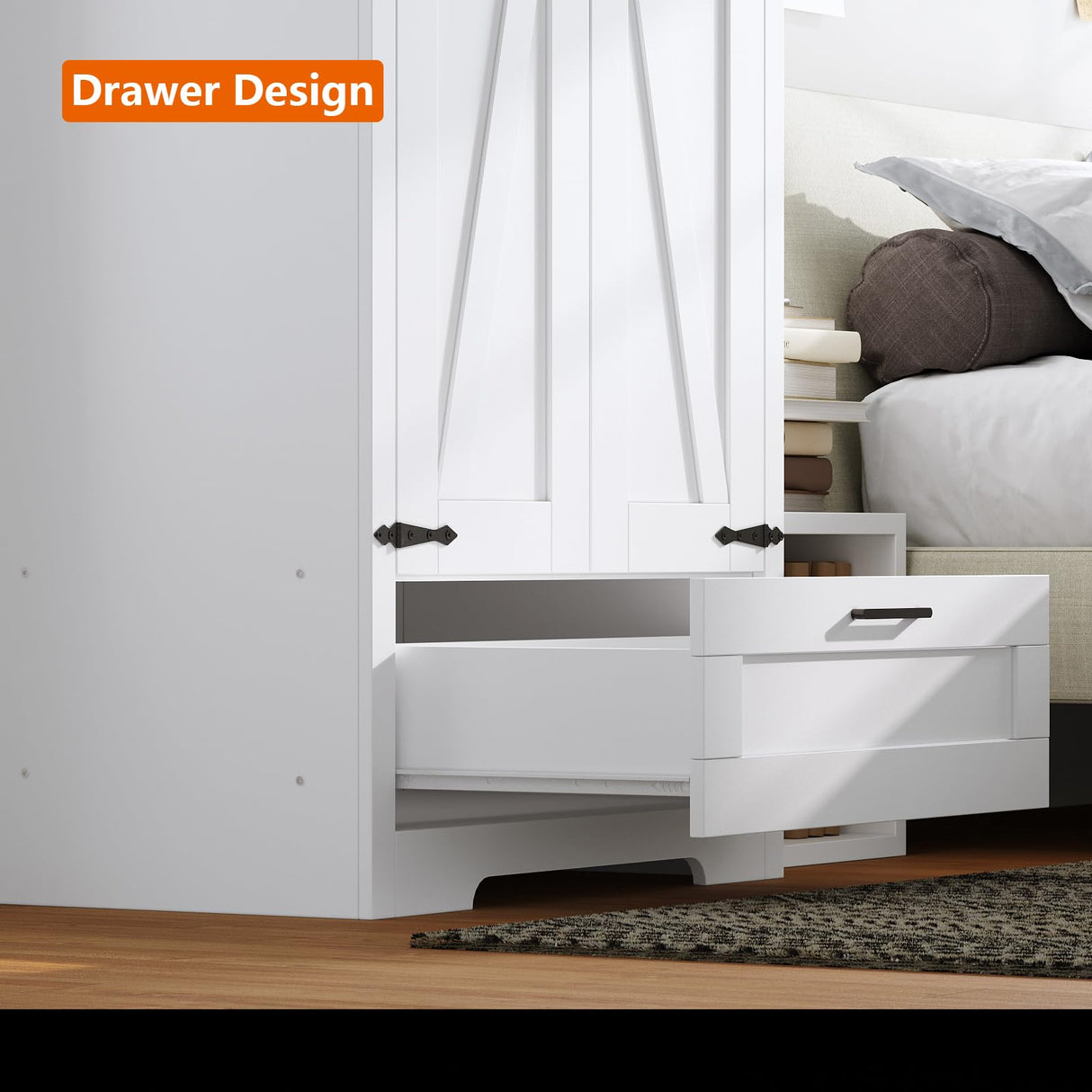 Fddevelop Wood Wardrobe Closet with 2 Doors,Bedroom Freestanding Armoire Storage Cabinet with Shelves,Wooden Wardrobe Combination for Hanging Clothes (Barn Door) Fddevelop