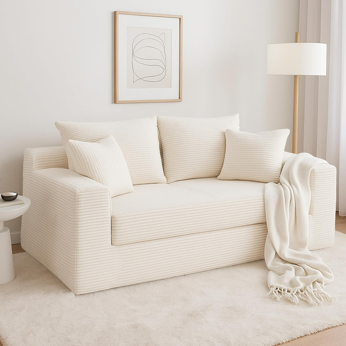 Convertible Sofa Bed, 3 in 1 Loveseat Folding Couch Bed Foldable - Chaise Lounge Chair & Floor Futon Sleeper, Corduroy Pull Out Sofa Bed with 4 Pillows for Living Room, Beige cidludto