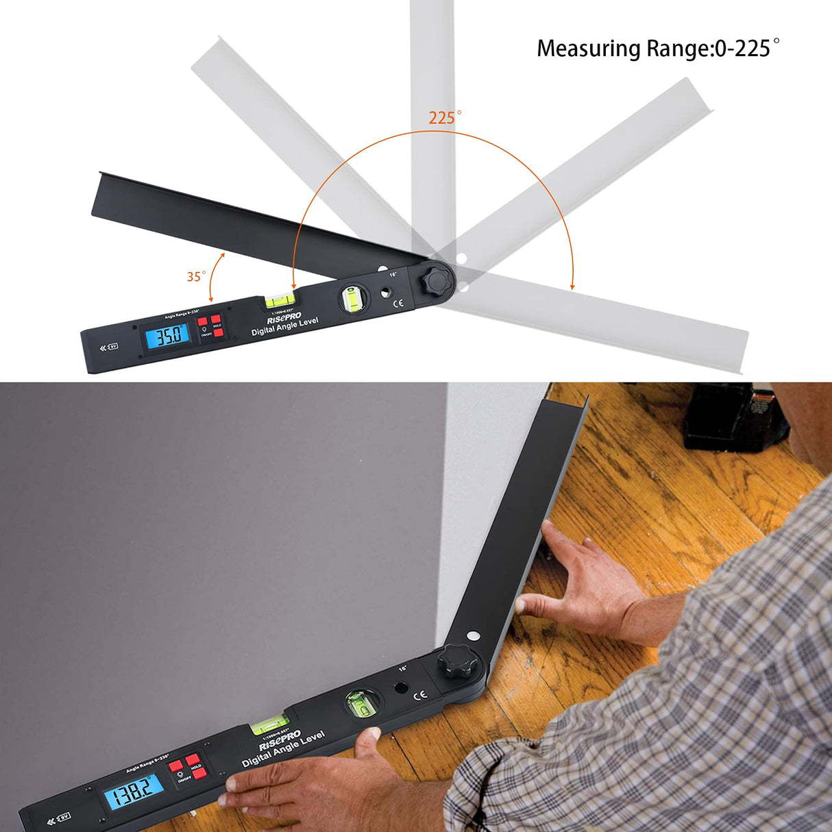 RISEPRO Aluminum Digital Angle Finder Protractor 0-225° 16 Inch Backlit LCD Digital with Horizontal and Vertical Bubble RISEPRO