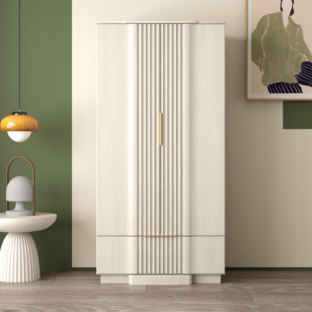 Brafab Armoire Wardrobe Closet, Modern 64.2" Freestanding Closet Wardrobe Cabinet with Drawer and Hanging Rail, Fluted Carved Wooden Storage Cabinet with Shelve for Bedroom, White Brafab