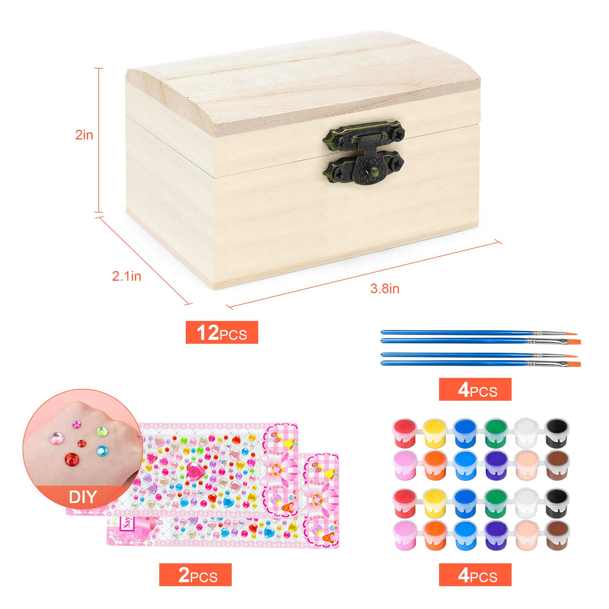 MicoSim 12 PCS Wooden Box,Treasure Chest with 12 Color Paints,12 PCS Unfinished Unpainted Wood Box with 2 Diy Adhesive Drilles,Small Wooden Box for Keepsake Boxes, Jewelry Box MicoSim
