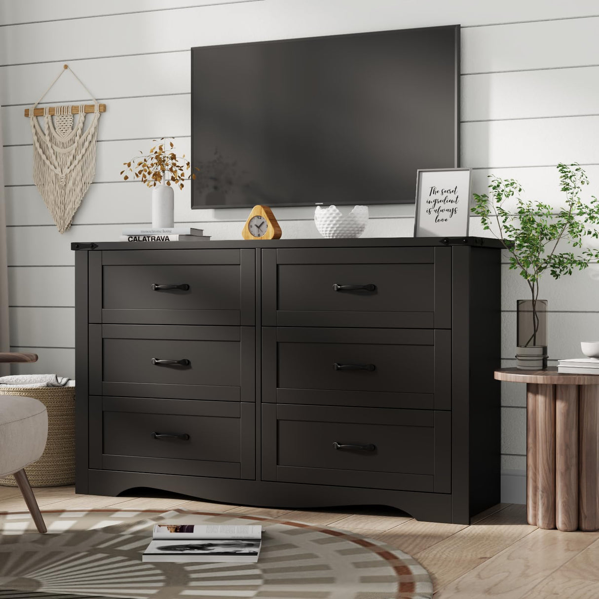 Loomie Farmhouse 6 Drawers Double Dresser for Bedroom, Modern White Dresser Chest of Drawers, Wide Dressers Organizer, Accent Storage Cabinet for Closet, Living Room, Hallway, Black Loomie