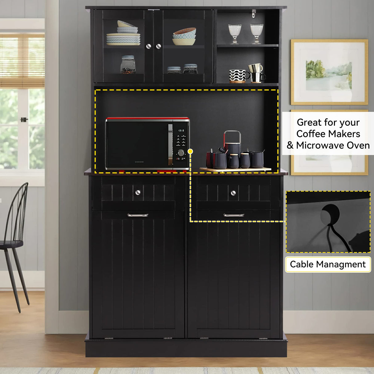 LOUVIXA Kitchen Pantry Storage Cabinet, Microwave Cabinet with Tilt Out Trash Cabinet,Tall Pantry Cabinet Cupboard, Freestanding Kitchen Hutch (Classic Black) LOUVIXA