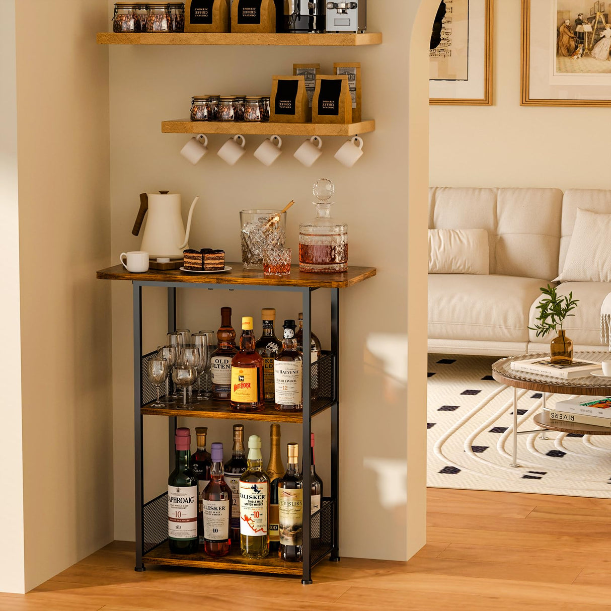 Eyteenokk Floor Standing Freestanding Whiskey Rack: 3 Tier Wine Rack Mini Bar Table Corner Wine Bottle Display Stand Liquor Cabinet Bar, for Bottles,Cocktail Shaker,Mugs Eyteenokk