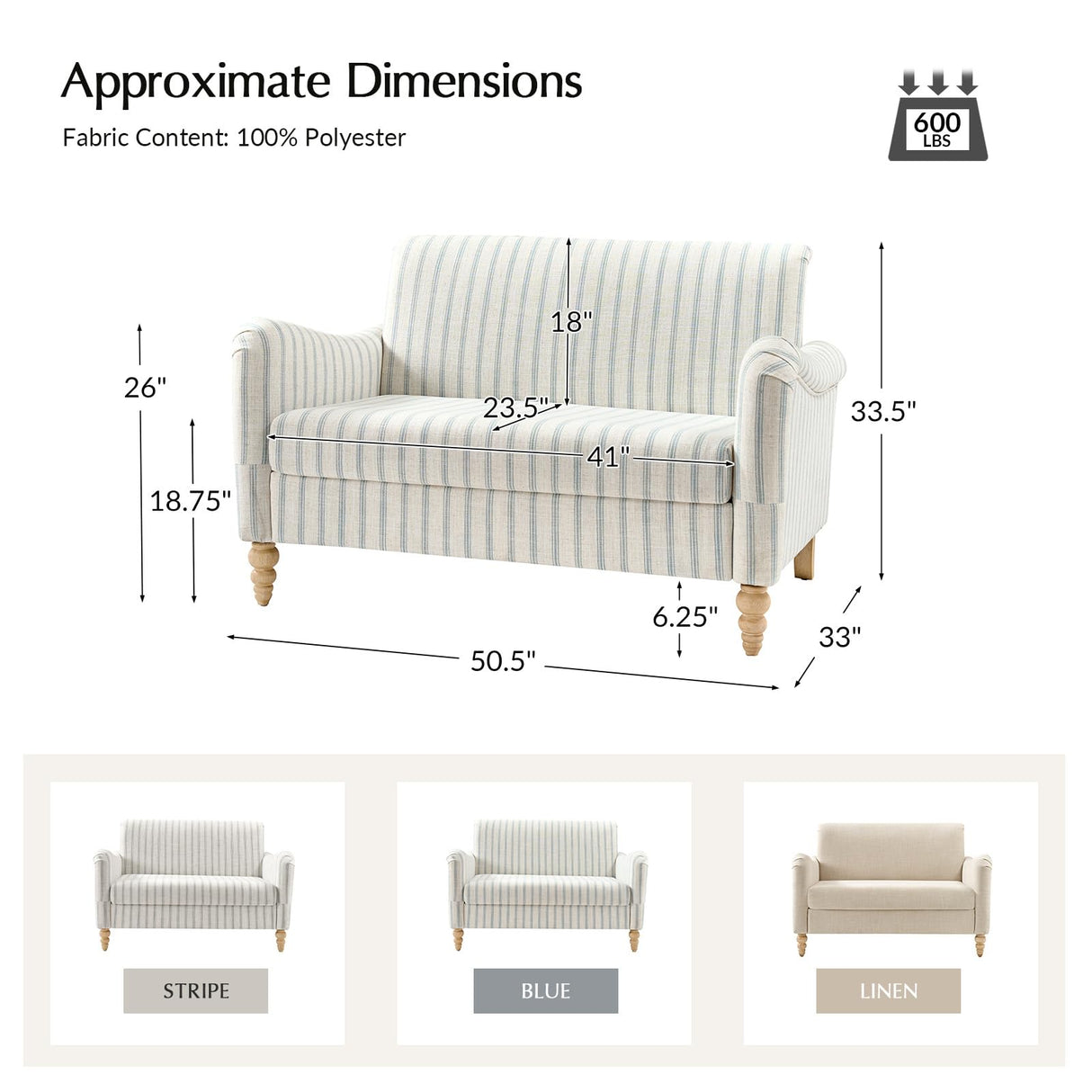 EcoHarbor Living 50.5" Mid-Century Modern Couch, Upholstered Sofa with Armrests, Stripe Mini Loveseat Couches for Small Space, Living Room, Bedroom, Office, Apartment, Blue EcoHarbor Living
