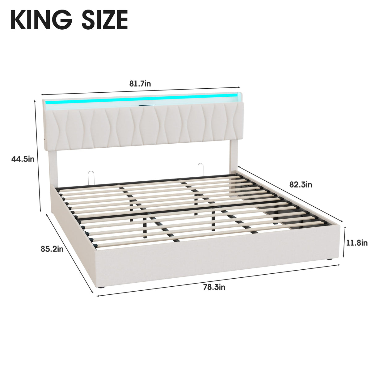 King Size Lift Up Storage Bed Frame, Height Adjustable Storage Headboard with Charging Station, LED Lights Upholstered Platform Bed, Wooden Slat, No Box Spring Needed, Noise-Free, Beige Fameill